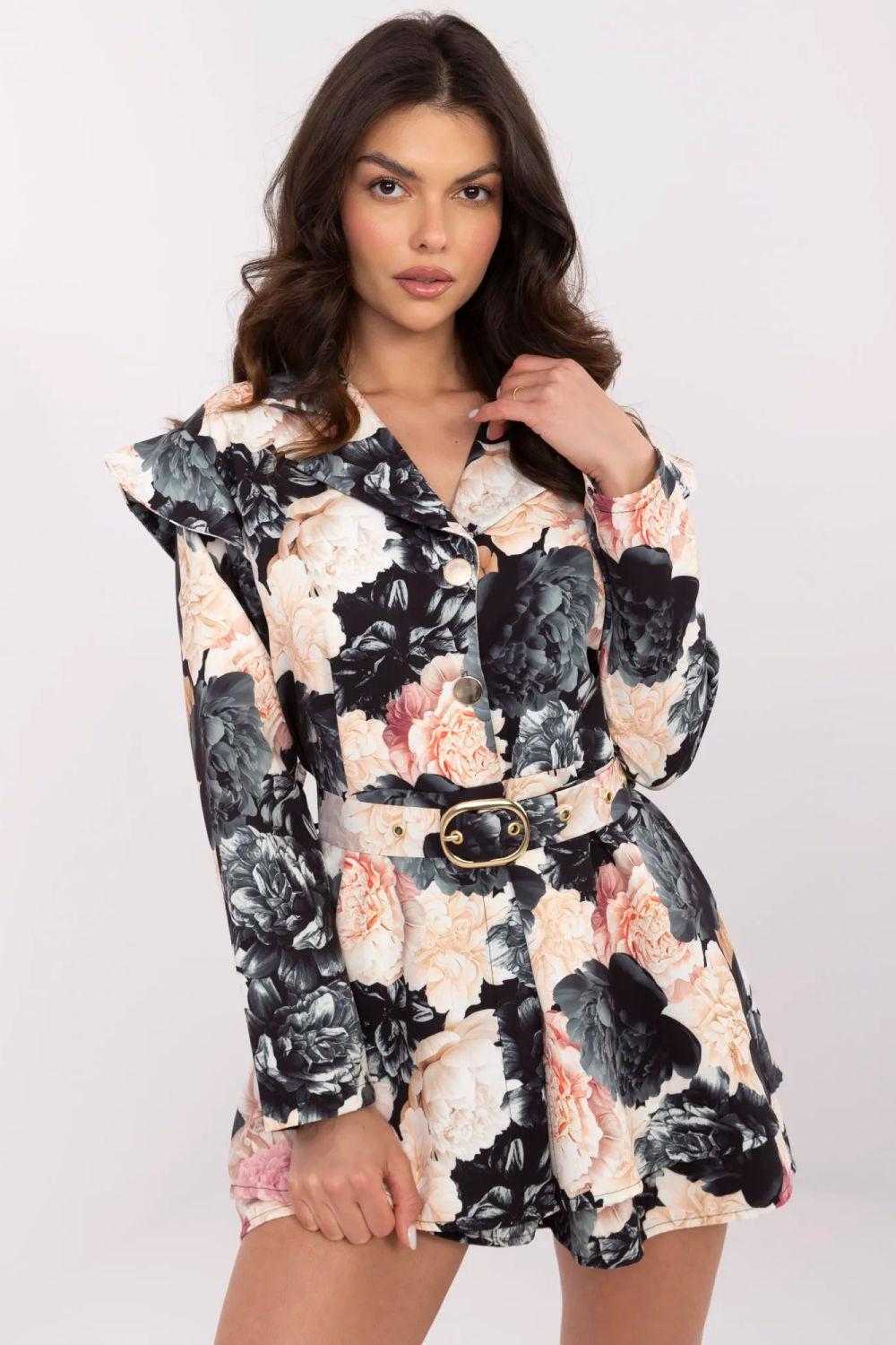 Italy Moda Beige Mini Floral Jumpsuit