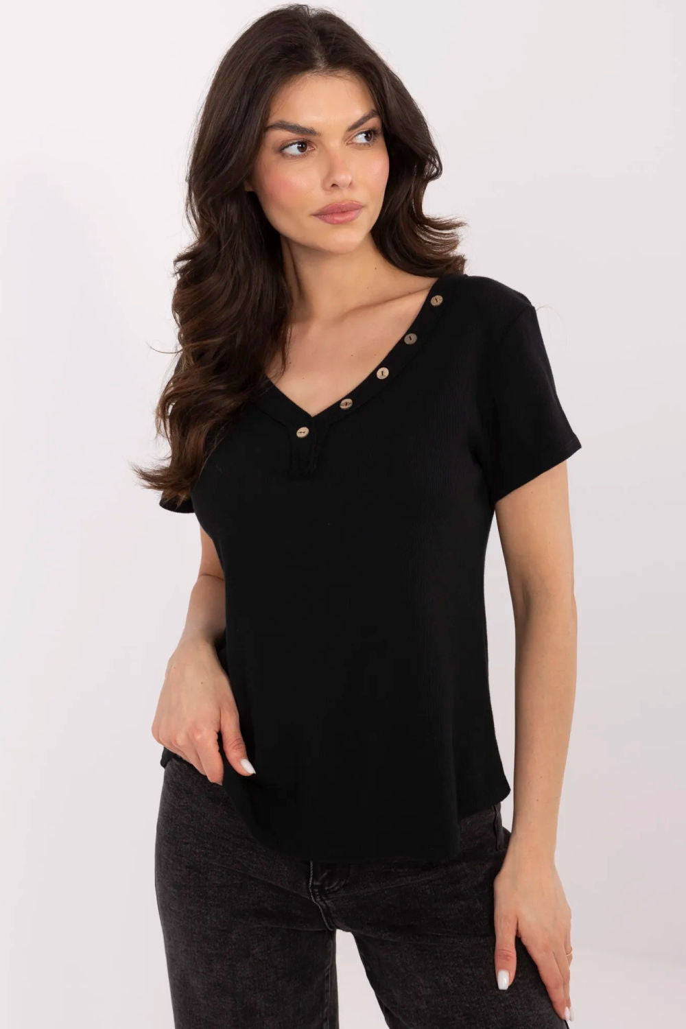 Italy Moda Black Bodycon V-Neck Short Sleeve Cotton Blouse