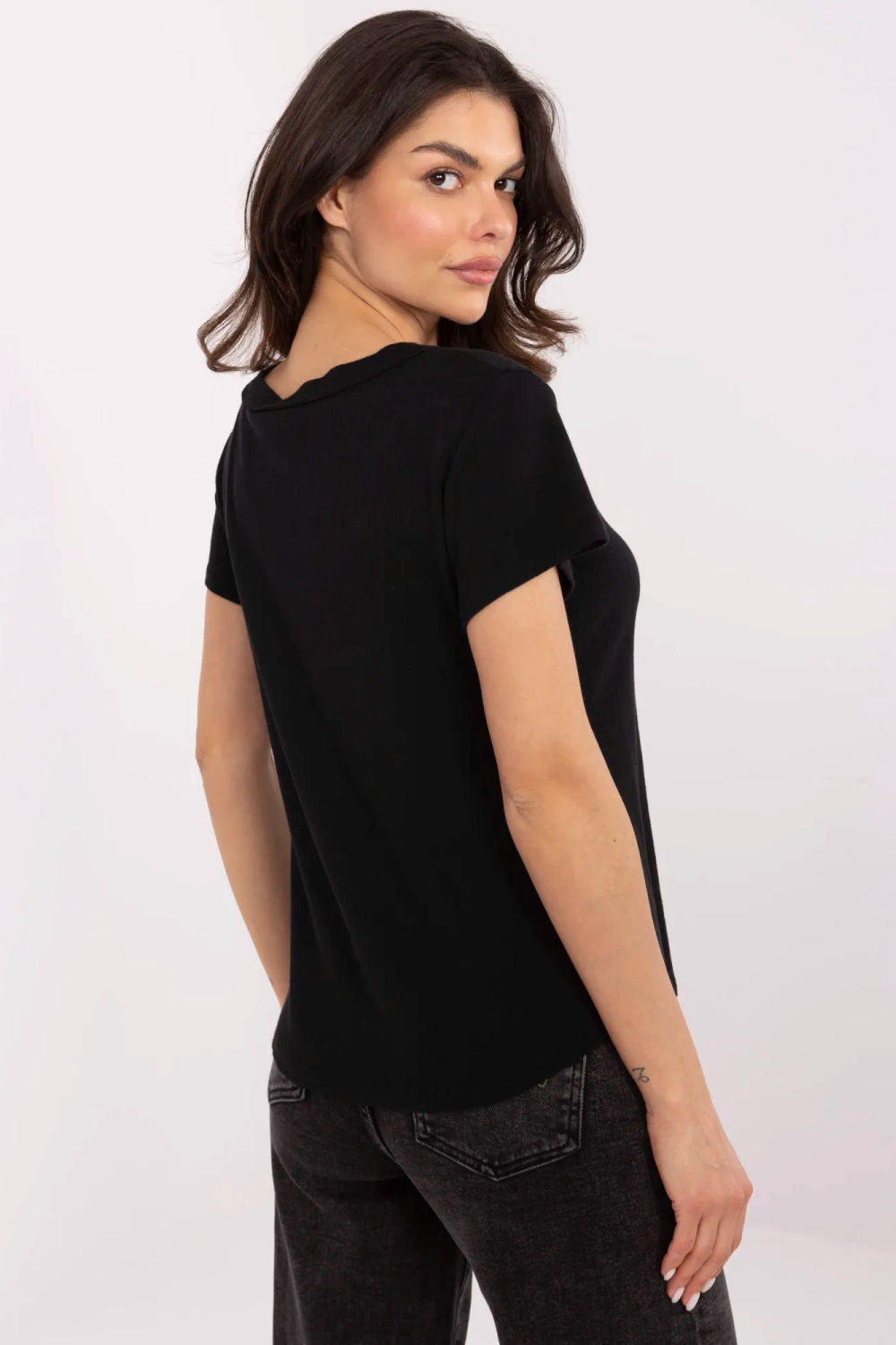 Italy Moda Black Bodycon V-Neck Short Sleeve Cotton Blouse - view 3