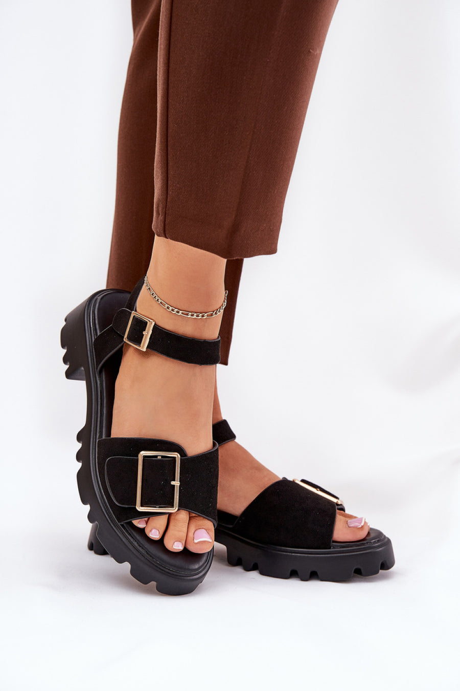 Step In Style Gofielle Black Faux Suede Platform Sandals