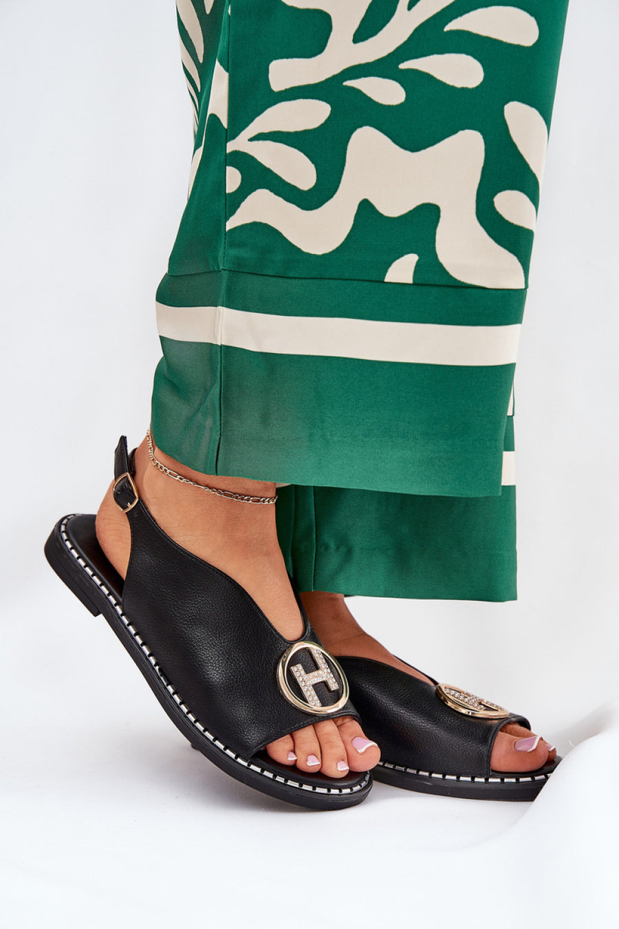 Step In Style Iseliria Black Faux Leather Flat Sandals