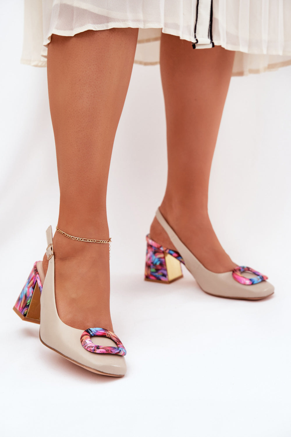 Step In Style Beige Leather Heeled Sandals with Buckle and Adjustable Straps - view 3
