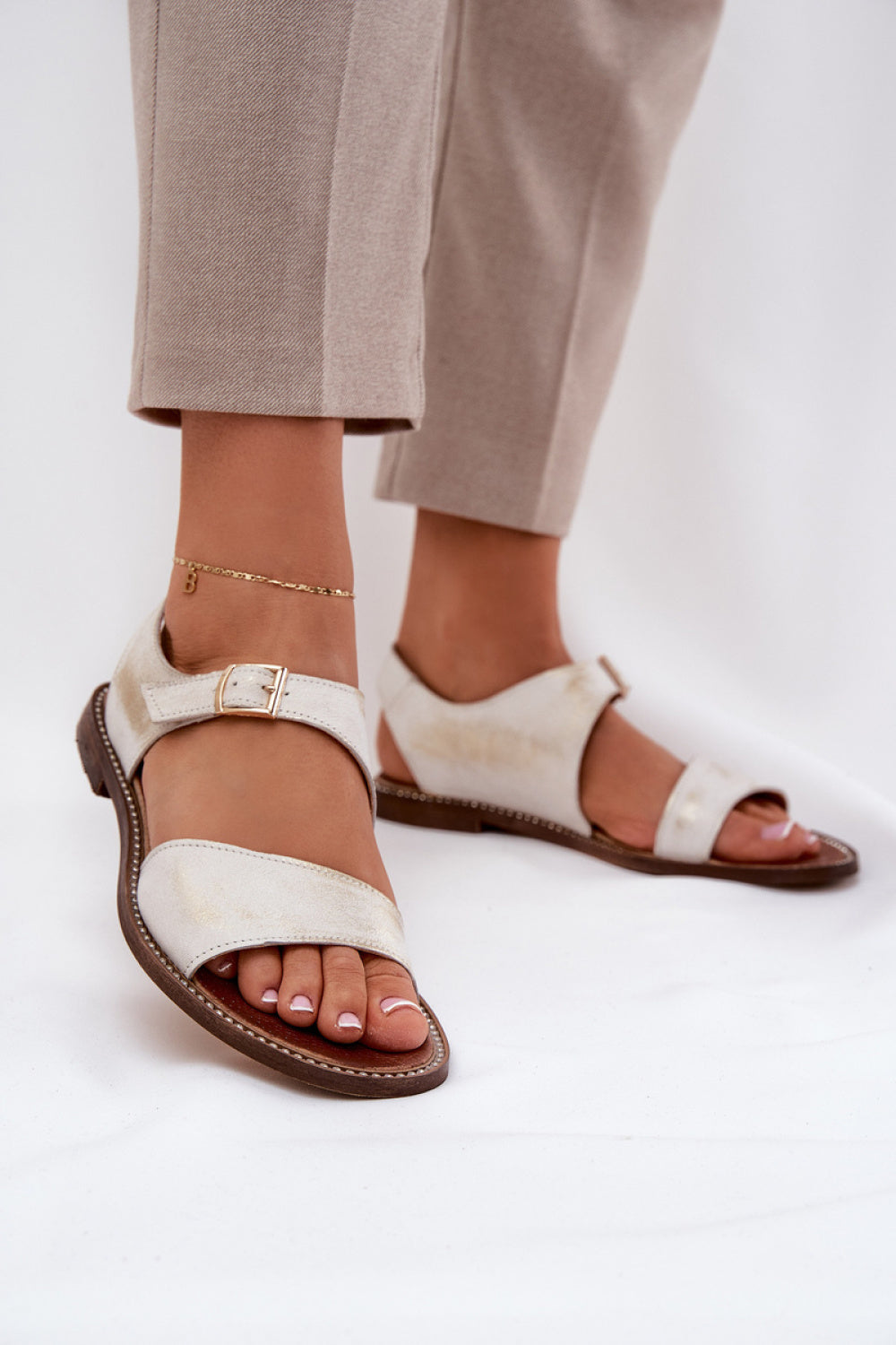 Step In Style Zazoo Gold Leather Flat Sandals with Adjustable Straps