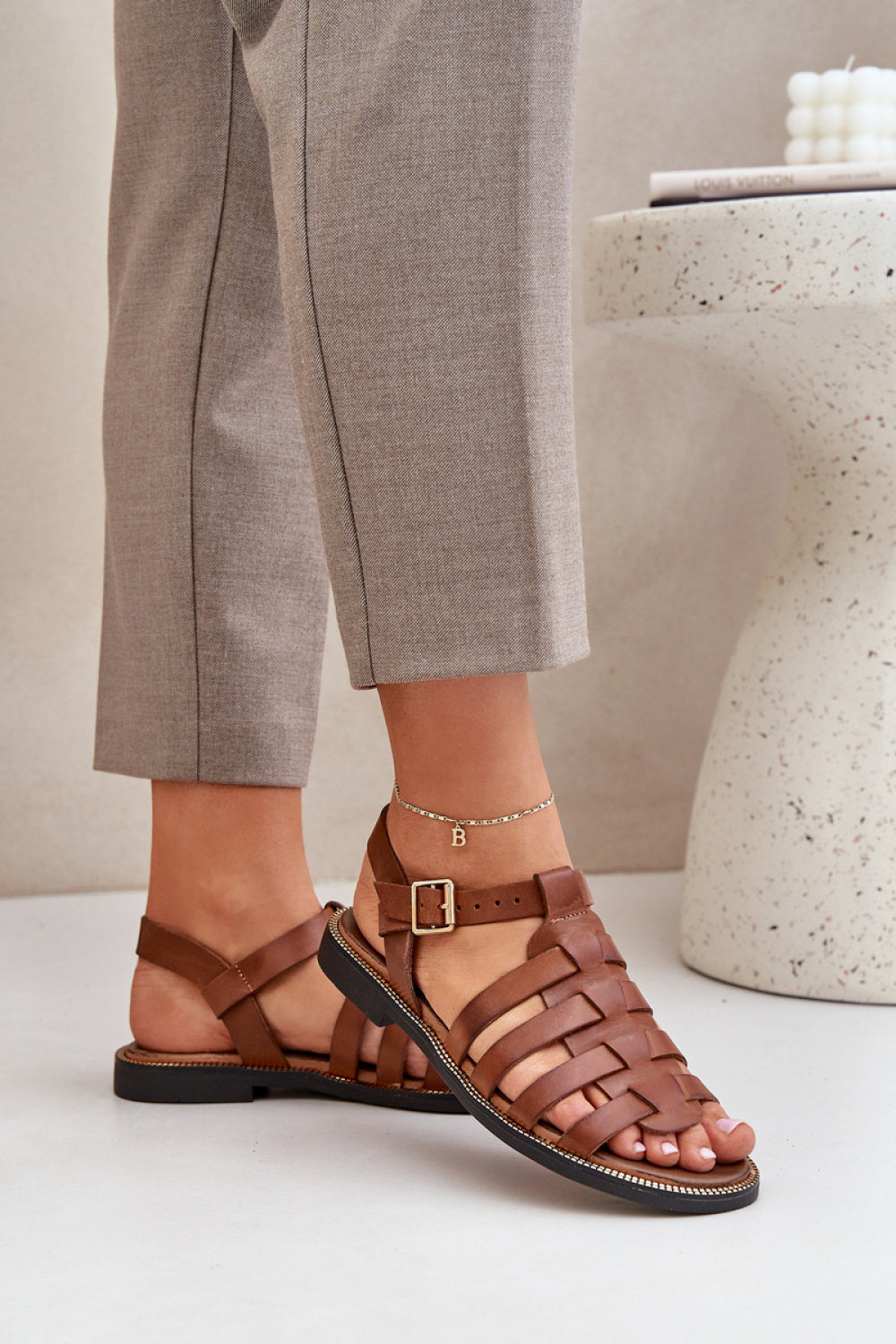 Step In Style Zazoo Camel Leather Flat Sandals