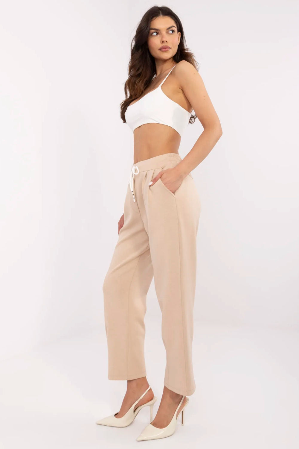 Italy Moda Light Beige Straight High Waisted Joggers