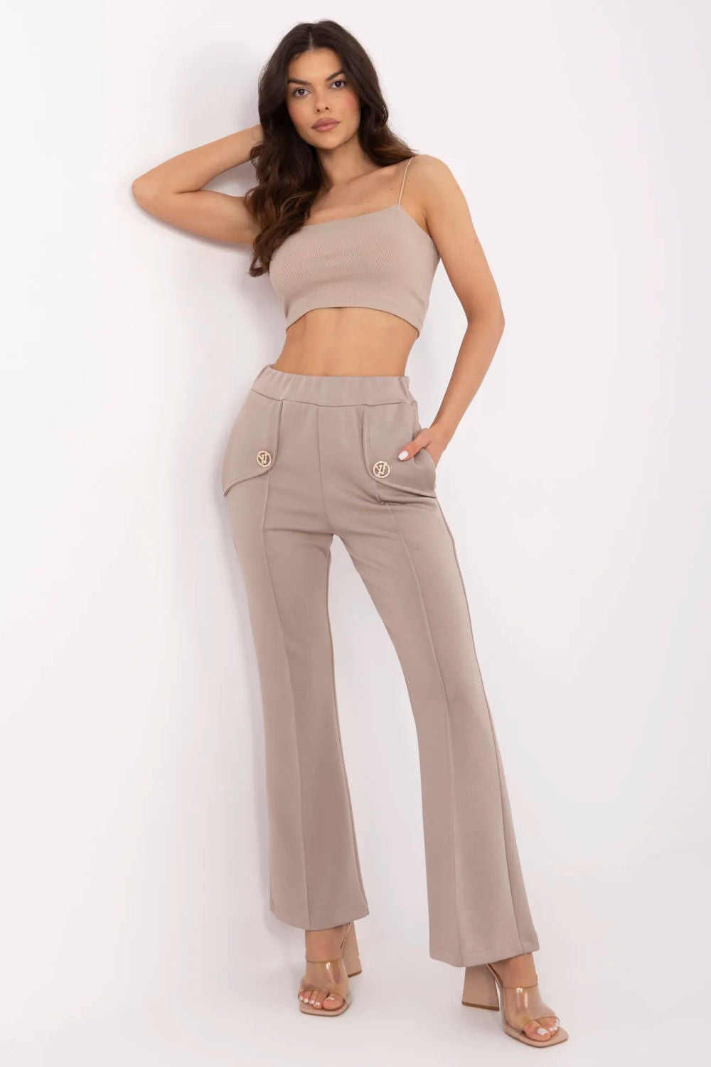 Italy Moda Dark Beige Polyester Wide Leg High Waisted Joggers