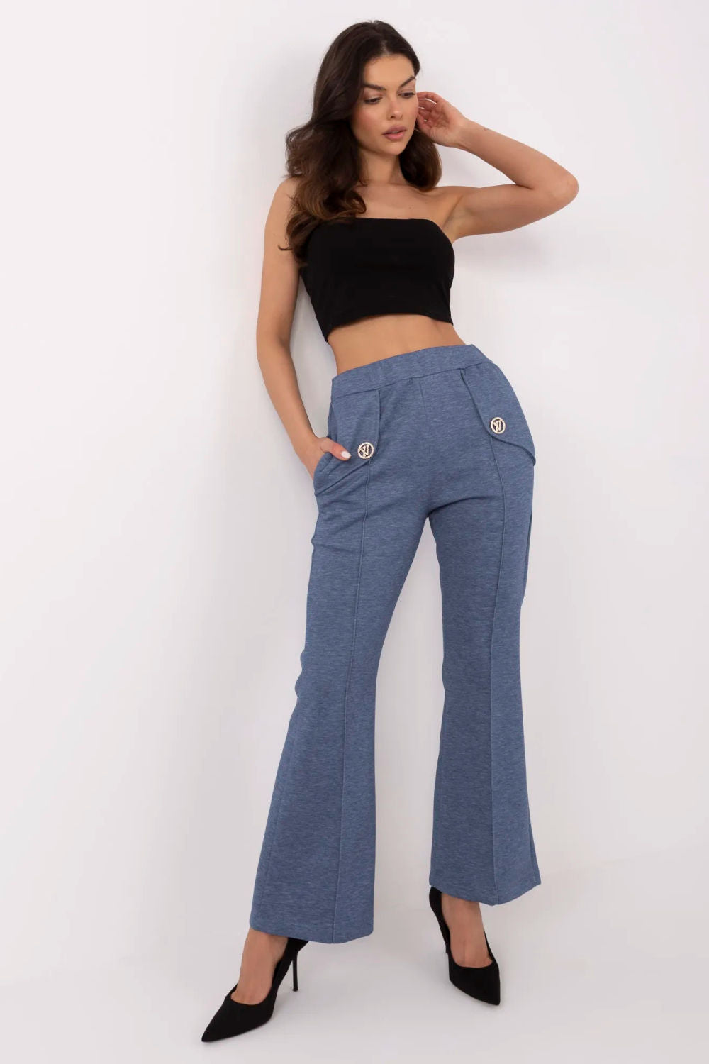 Italy Moda Dark Blue Flared High Waisted Joggers