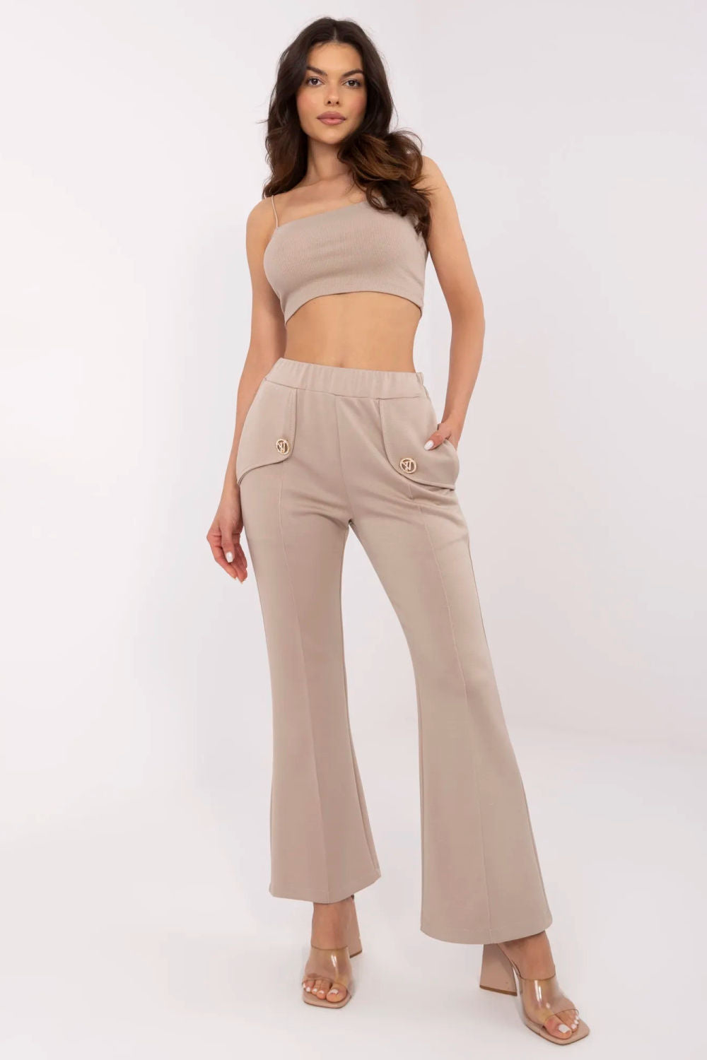 Italy Moda Beige Wide Leg High Waisted Joggers