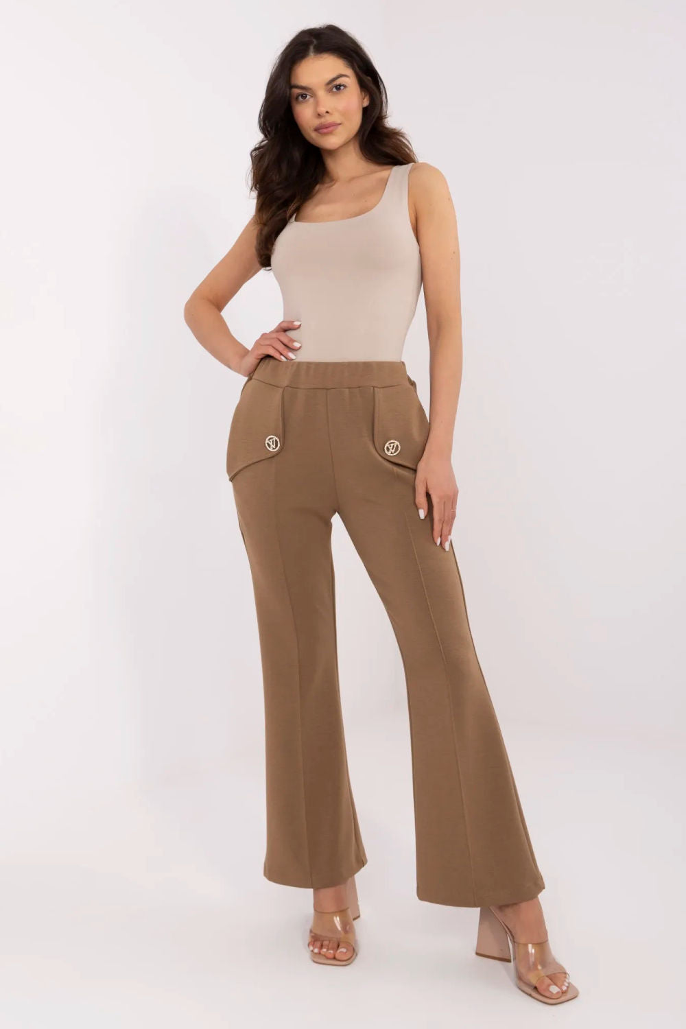 Italy Moda Light Brown Wide Leg High Waisted Joggers