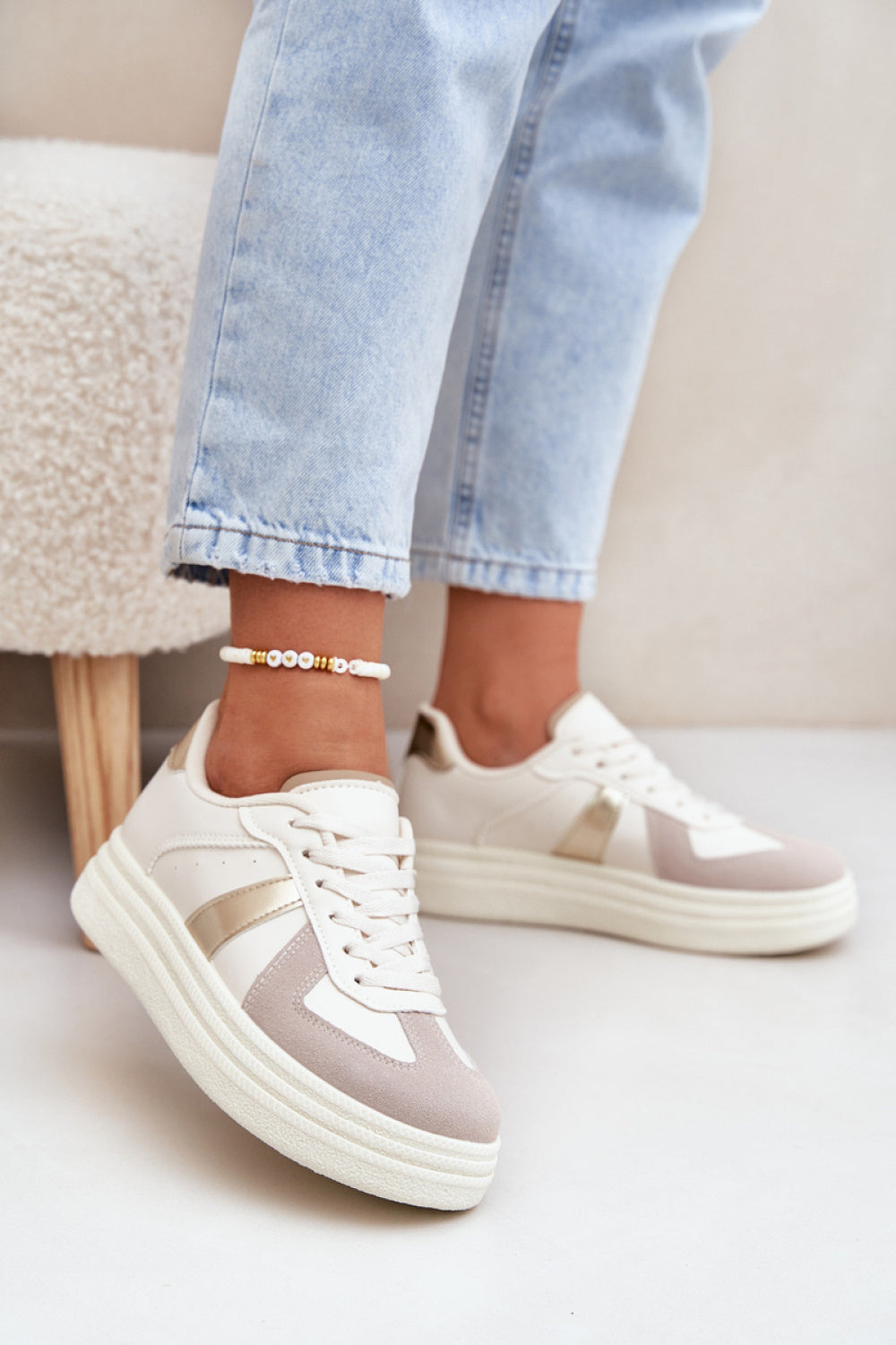 Step In Style Beige Faux Leather Platform Trainers