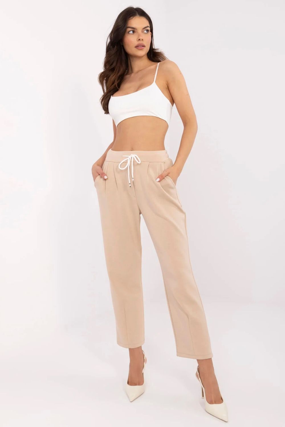 Italy Moda Light Beige Straight High Waisted Joggers - view 3