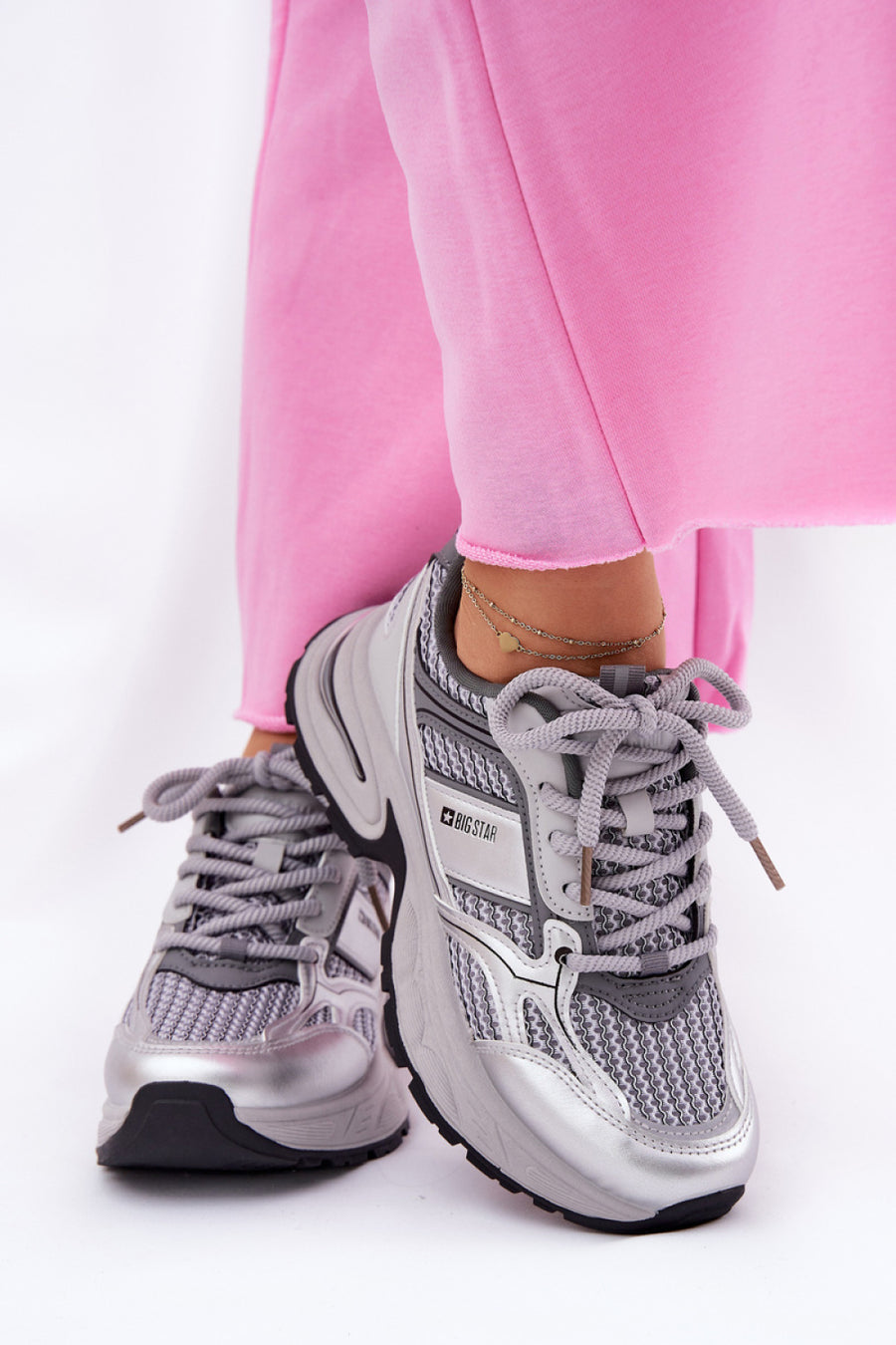 Step In Style Grey Faux Leather Trainers with Round Toe