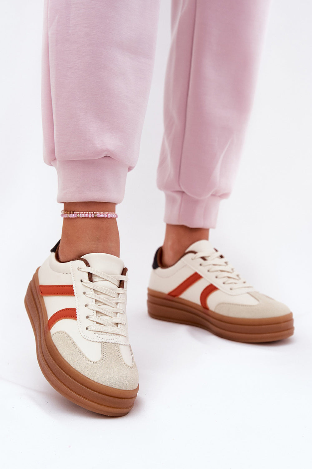 Step In Style Beige Faux Leather Platform Trainers with Round Toe