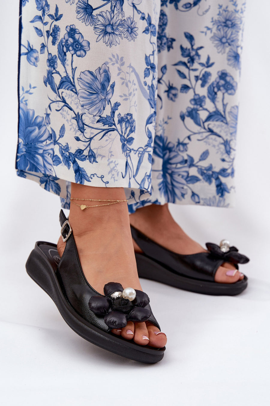 Step In Style Divonne Black Faux Leather Wedge Sandals