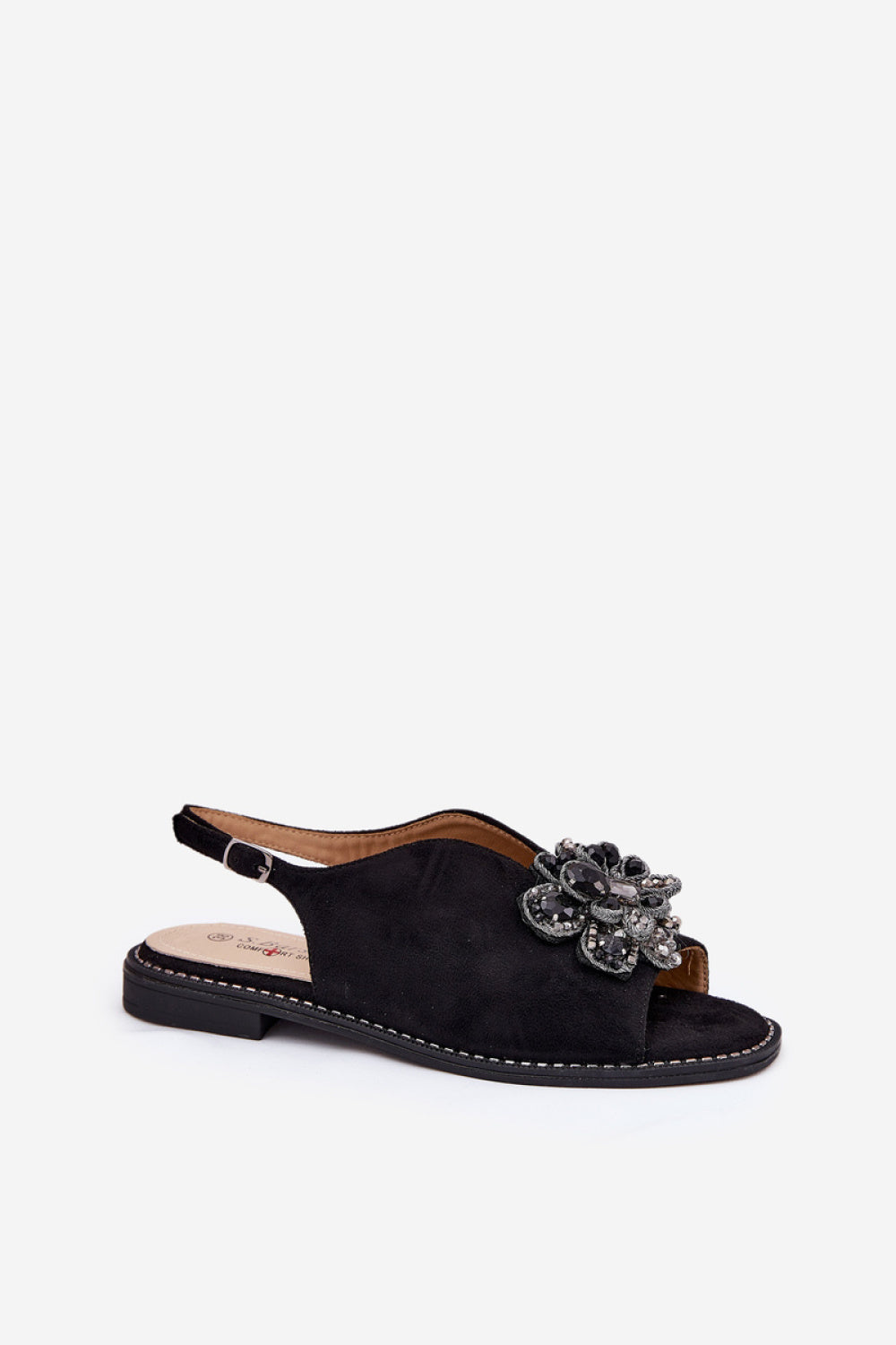 Step In Style Black Faux Suede Flat Sandals with Buckle - view 2