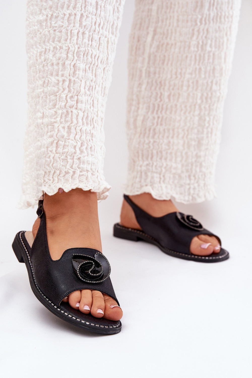 Step In Style Black Faux Leather Flat Sandals