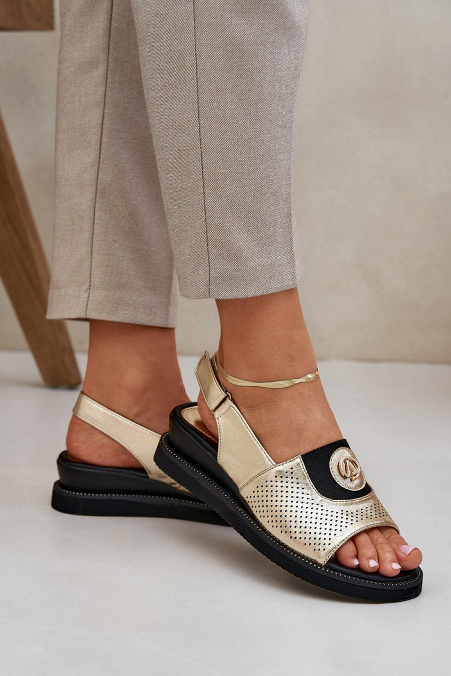 Step In Style Isnnoria Gold Faux Leather Wedge Sandals
