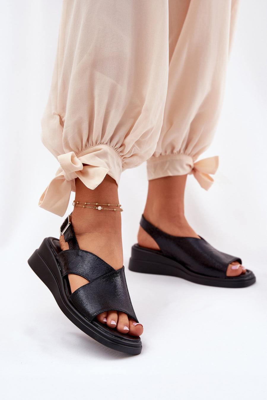 Step In Style Quilara Black Faux Leather Wedge Sandals