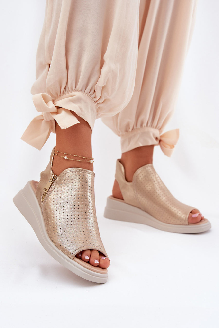 Step In Style Mevinette Gold Faux Leather Wedge Sandals