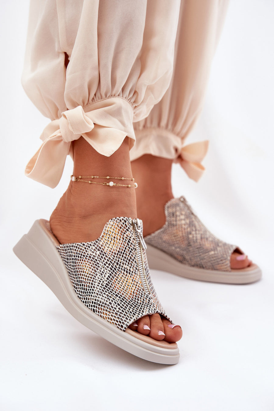 Step In Style Irriva Beige Faux Leather Wedge Sandals