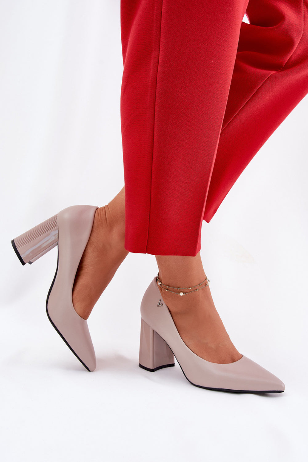 Step In Style Vinceza Grey Faux Leather Block Heel Court Shoes with Pointed Toe