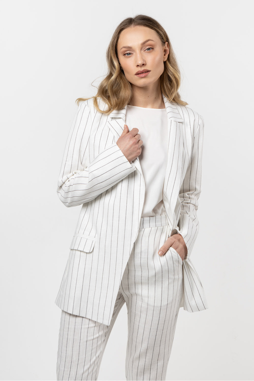 Awama Cream Linen Striped Jacket