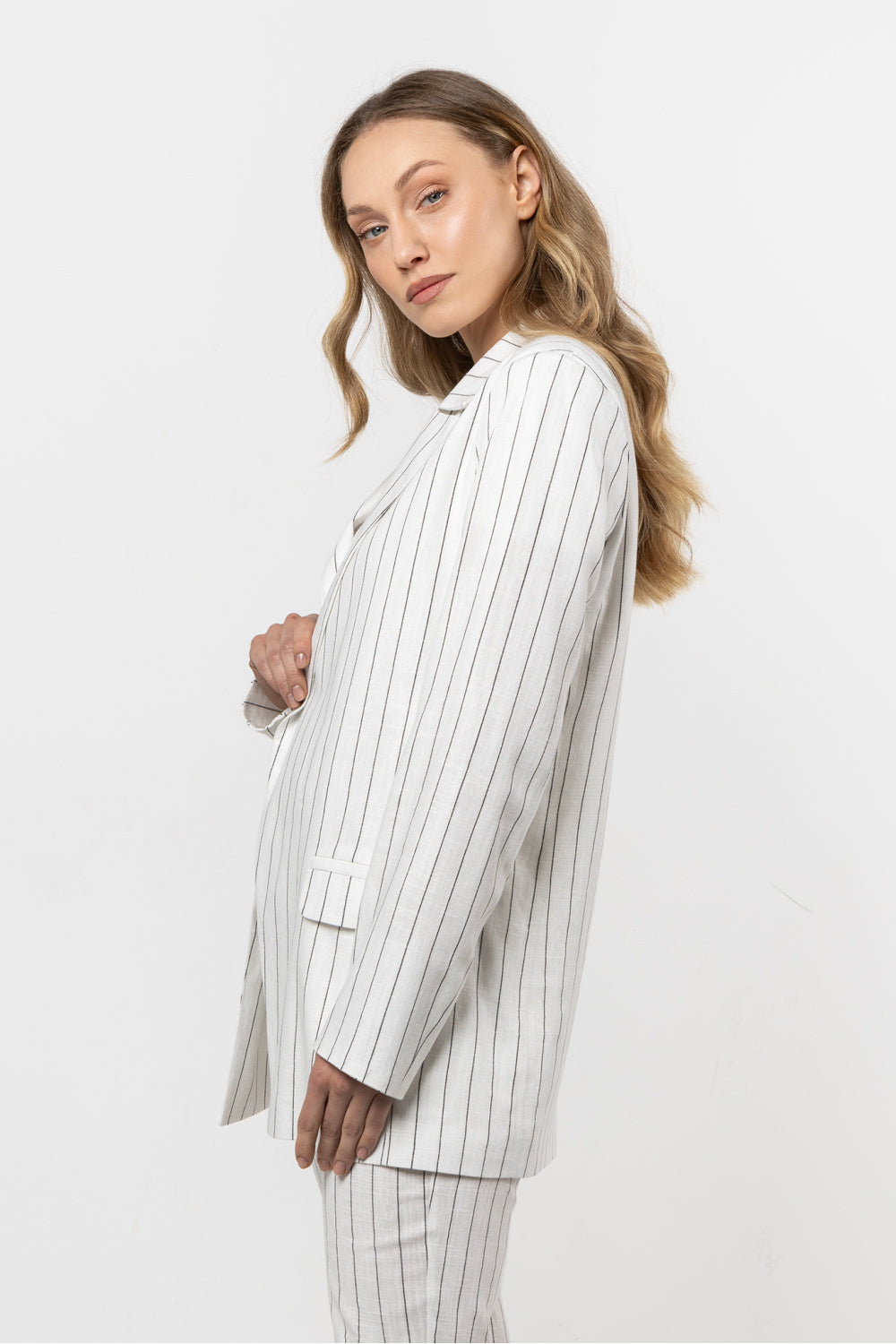 Awama Cream Linen Striped Jacket - view 2