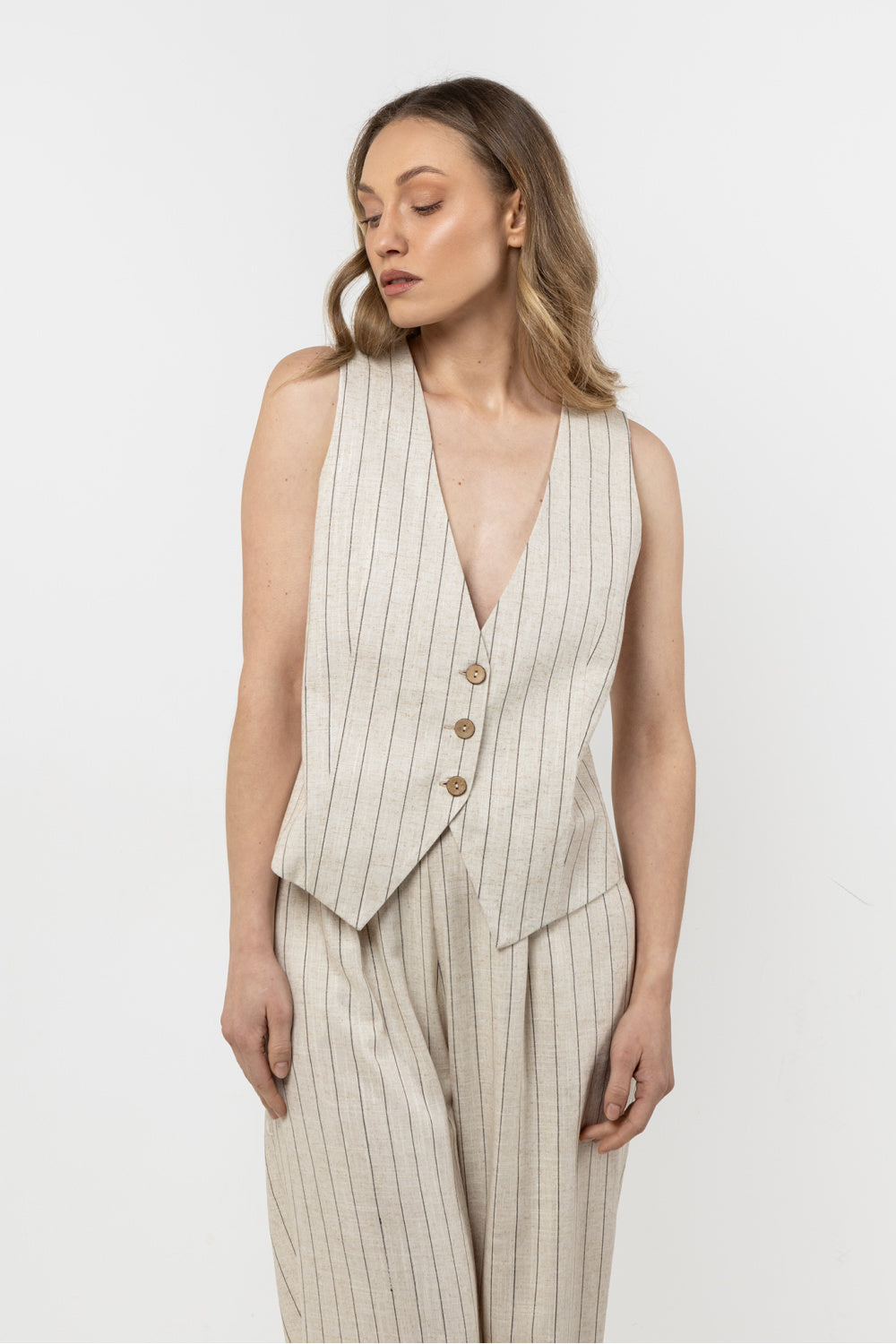 Awama Mocha Linen Striped Gilet