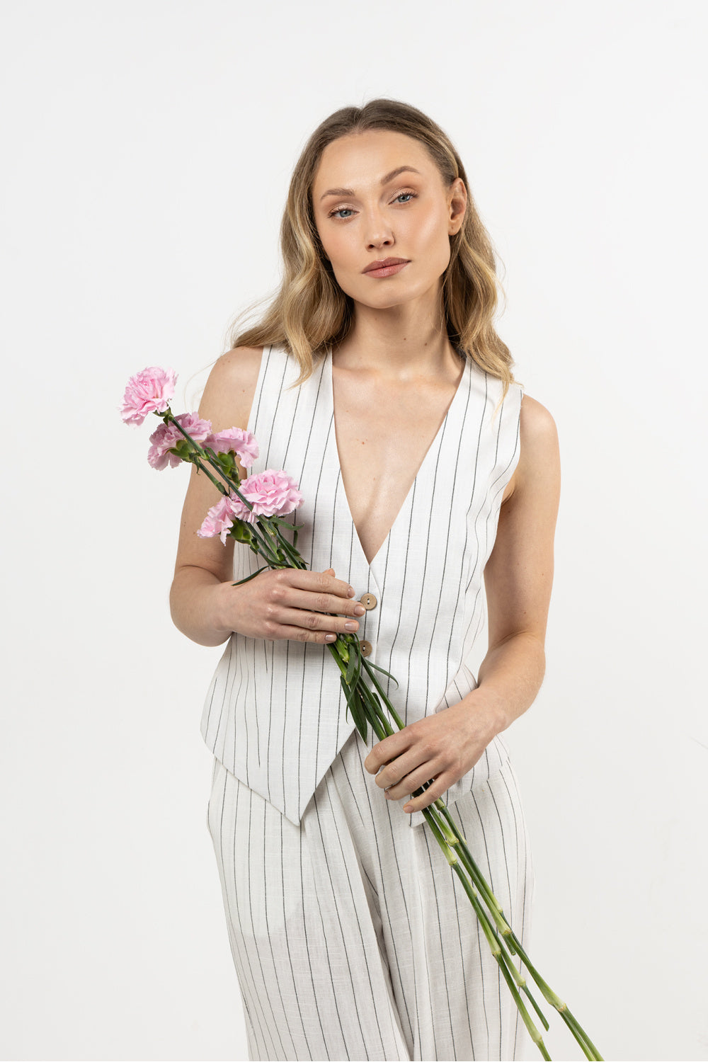 Awama Cream Linen Striped Gilet - view 4