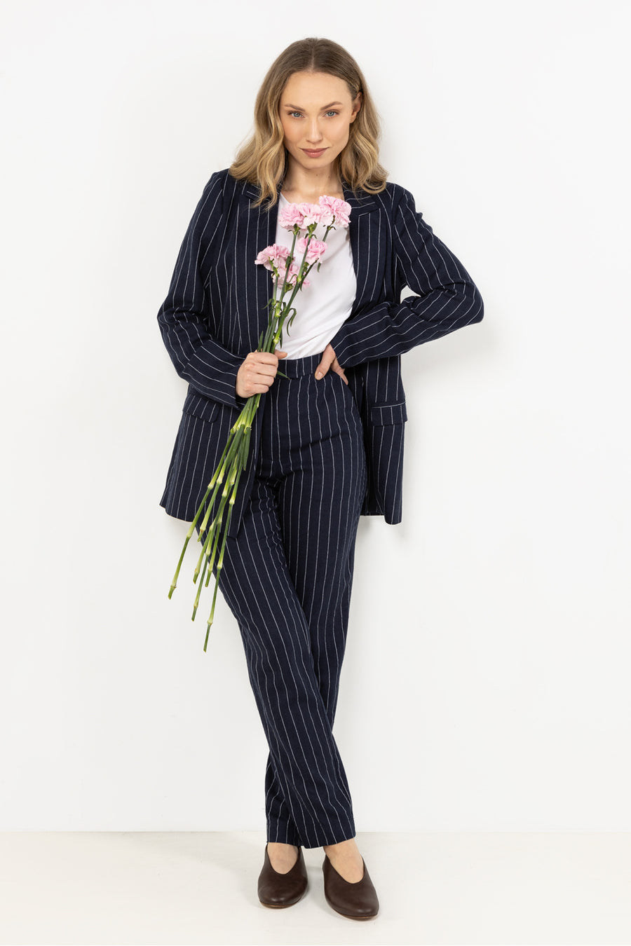 Awama Navy Linen Striped Trousers