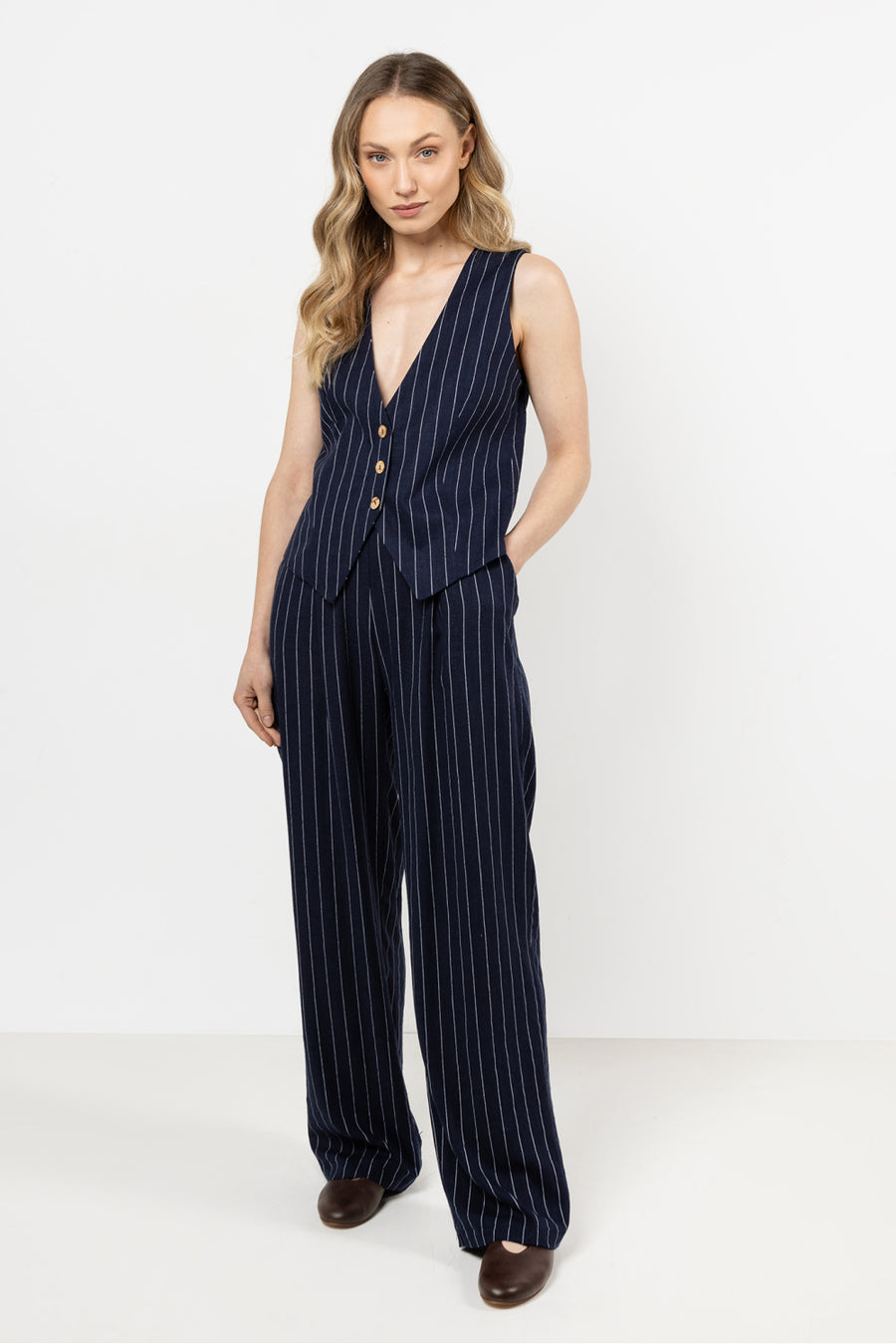 Awama Navy Linen Striped Wide Leg Trousers