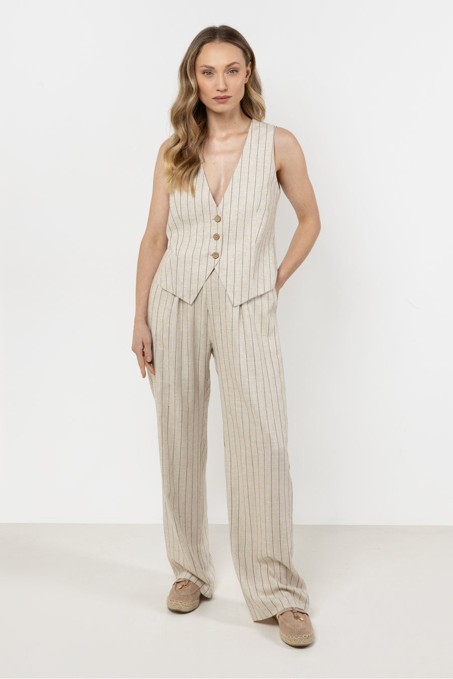 Awama Mocha Linen Striped Wide Leg Trousers
