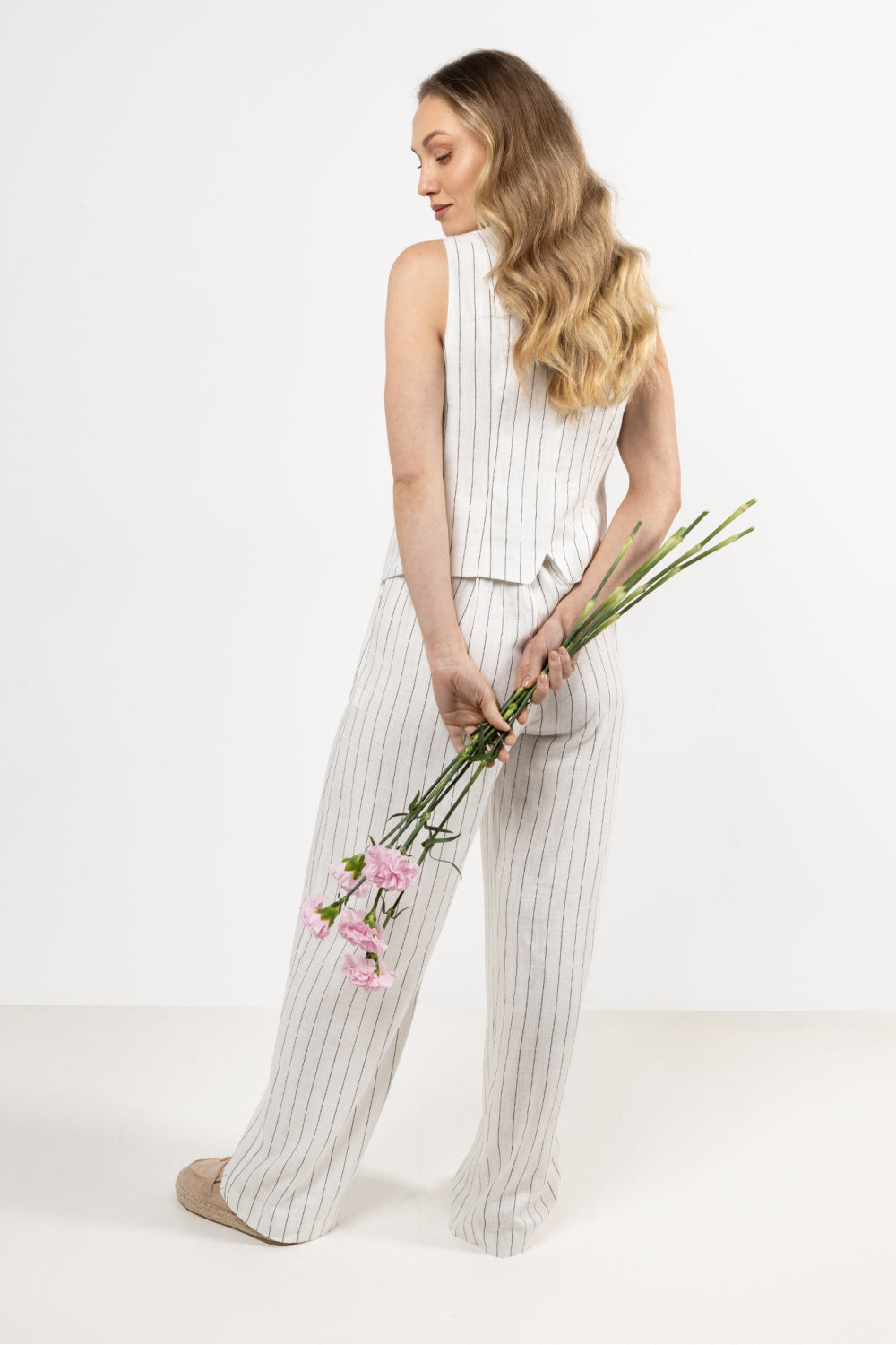 Awama Cream Linen Striped Wide Leg Trousers - view 3