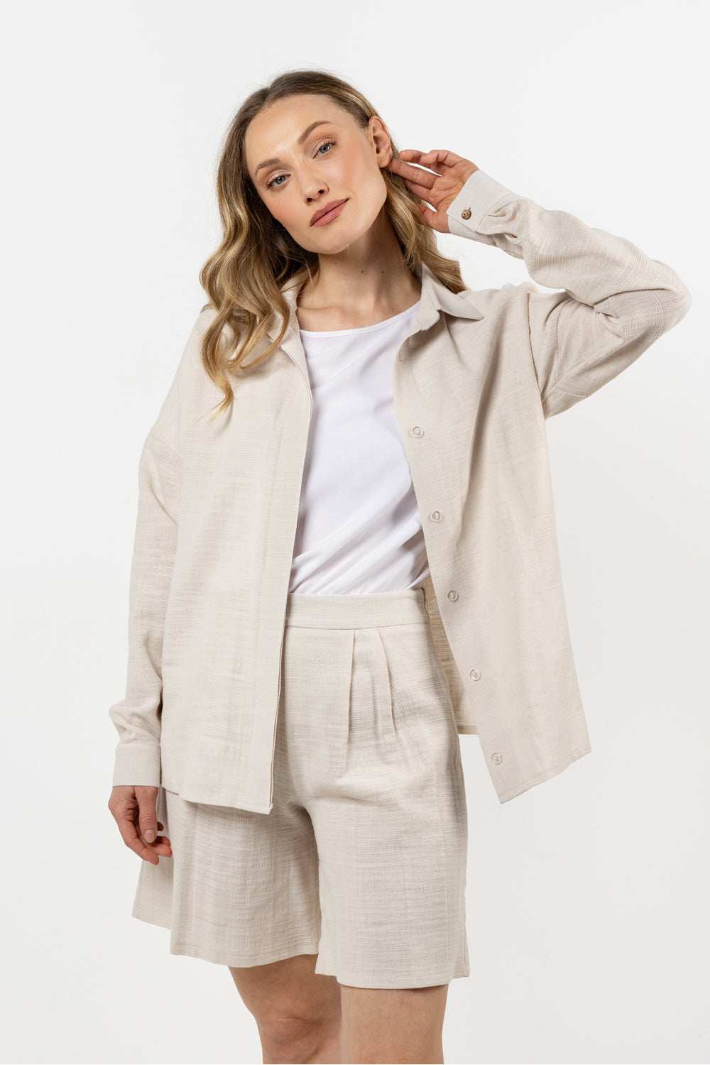 Awama Beige Cotton Long Sleeve Top