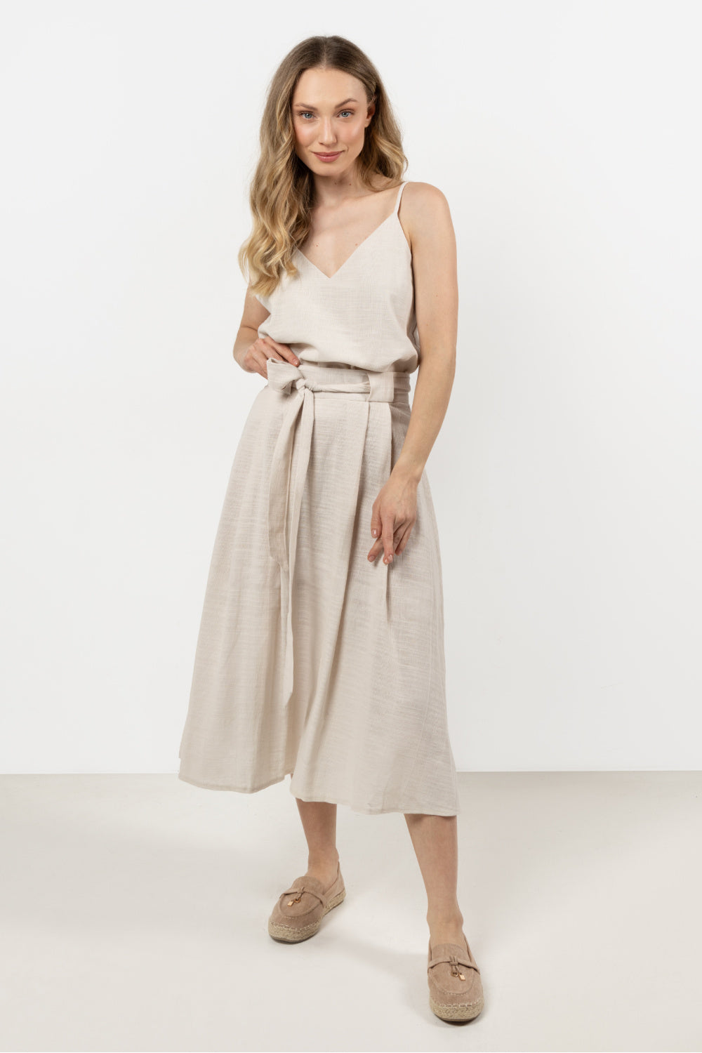 Awama Beige Pleated Cotton Skirt