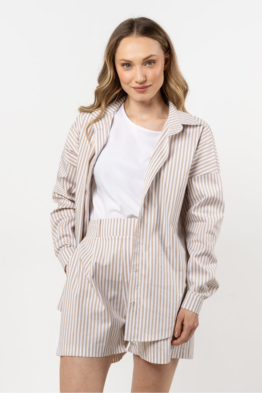 Awama Beige Stand Collar Long Sleeve Top