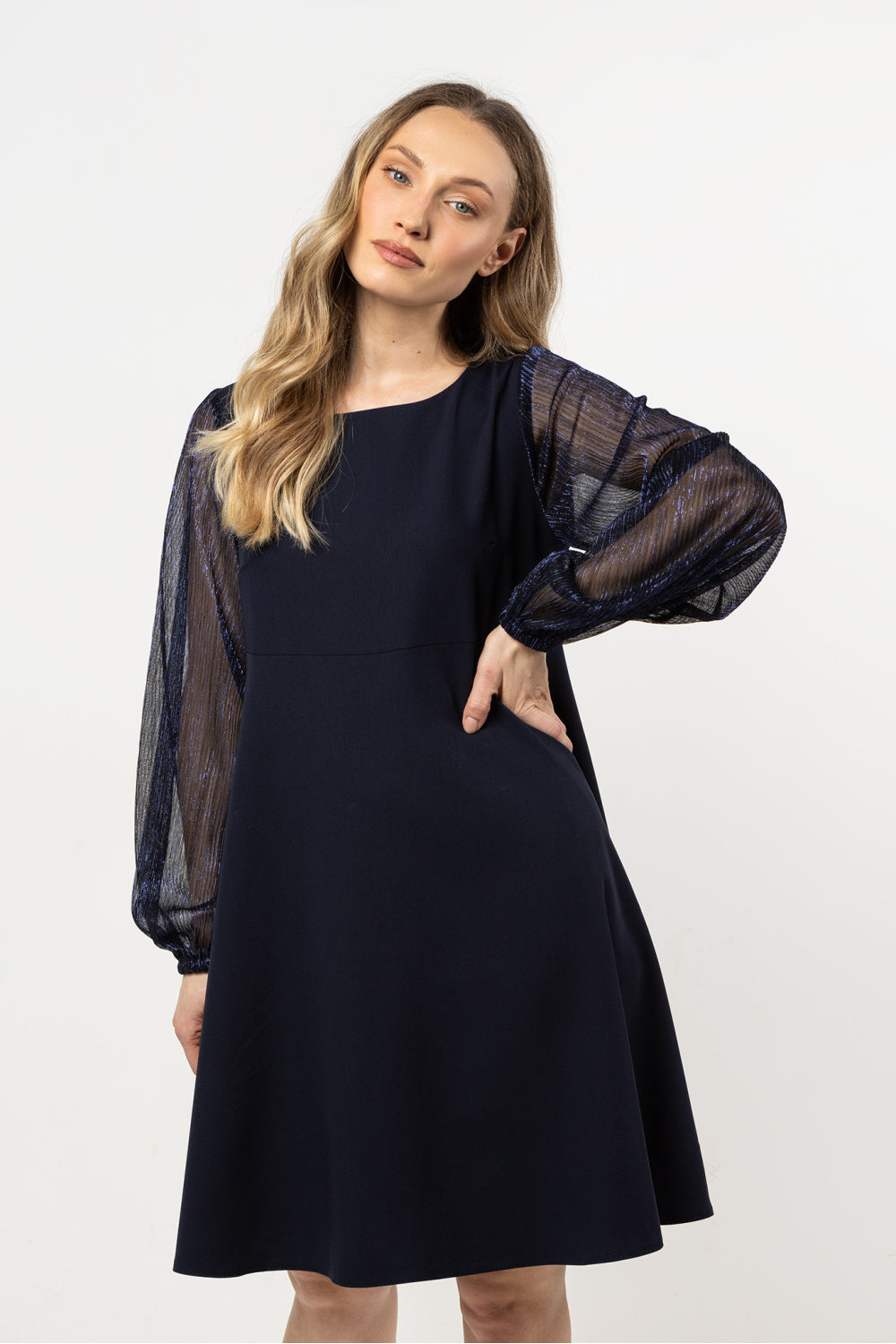 Awama Navy Mesh A-Line Evening Dress