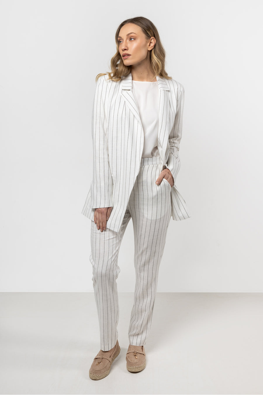 Awama Cream Linen Striped Trousers