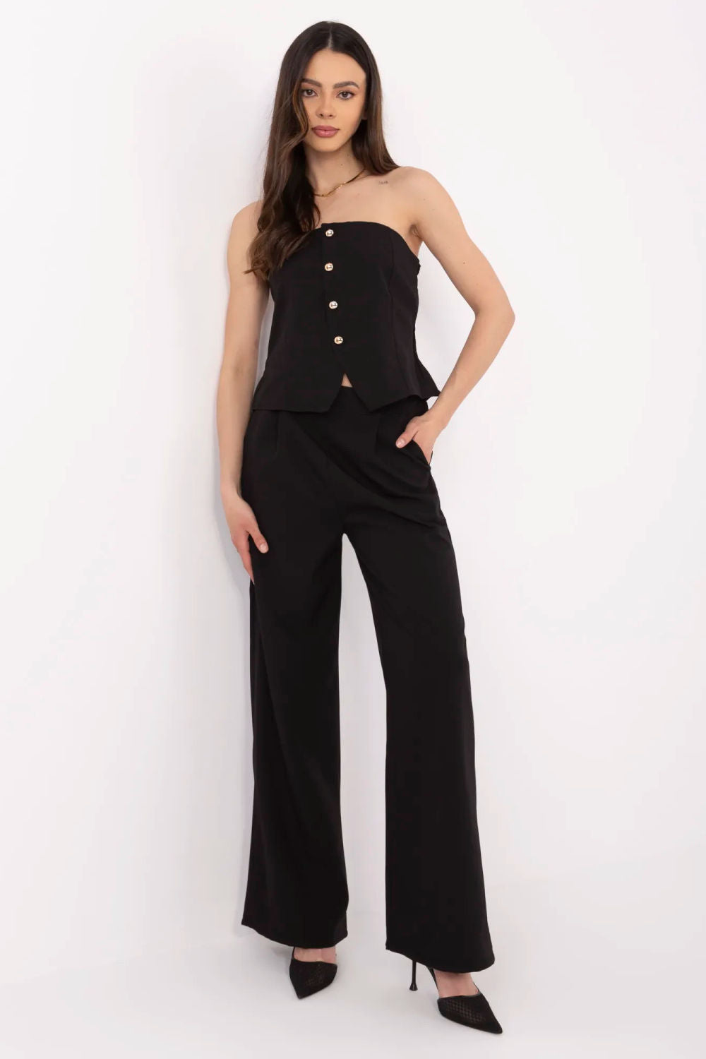 Italy Moda Black Wide Leg High Waisted Off Shoulder Co-Ord Set