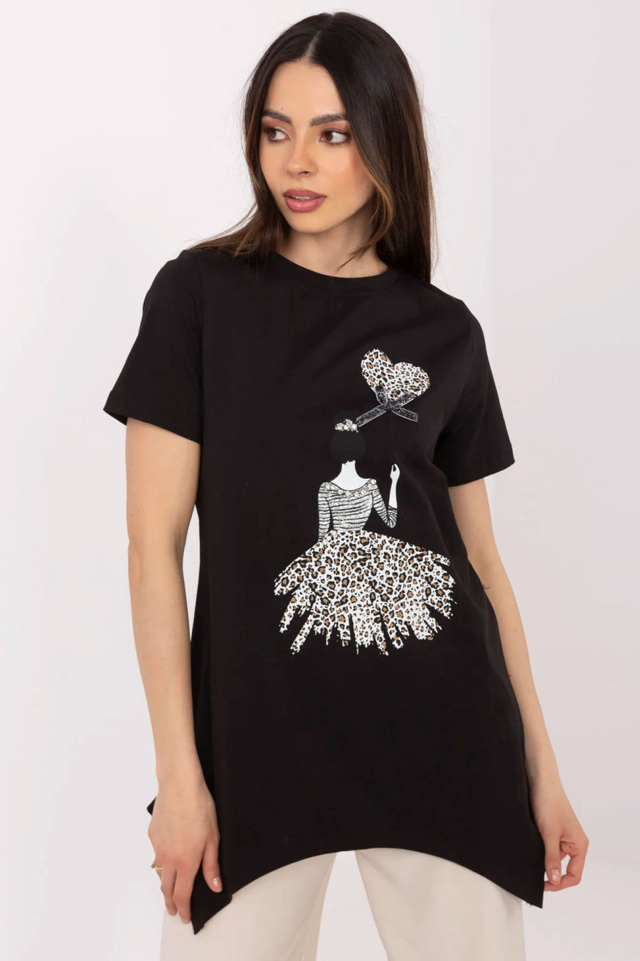Factory Price Black Round Neck Printed Short Sleeve Cotton Blouse