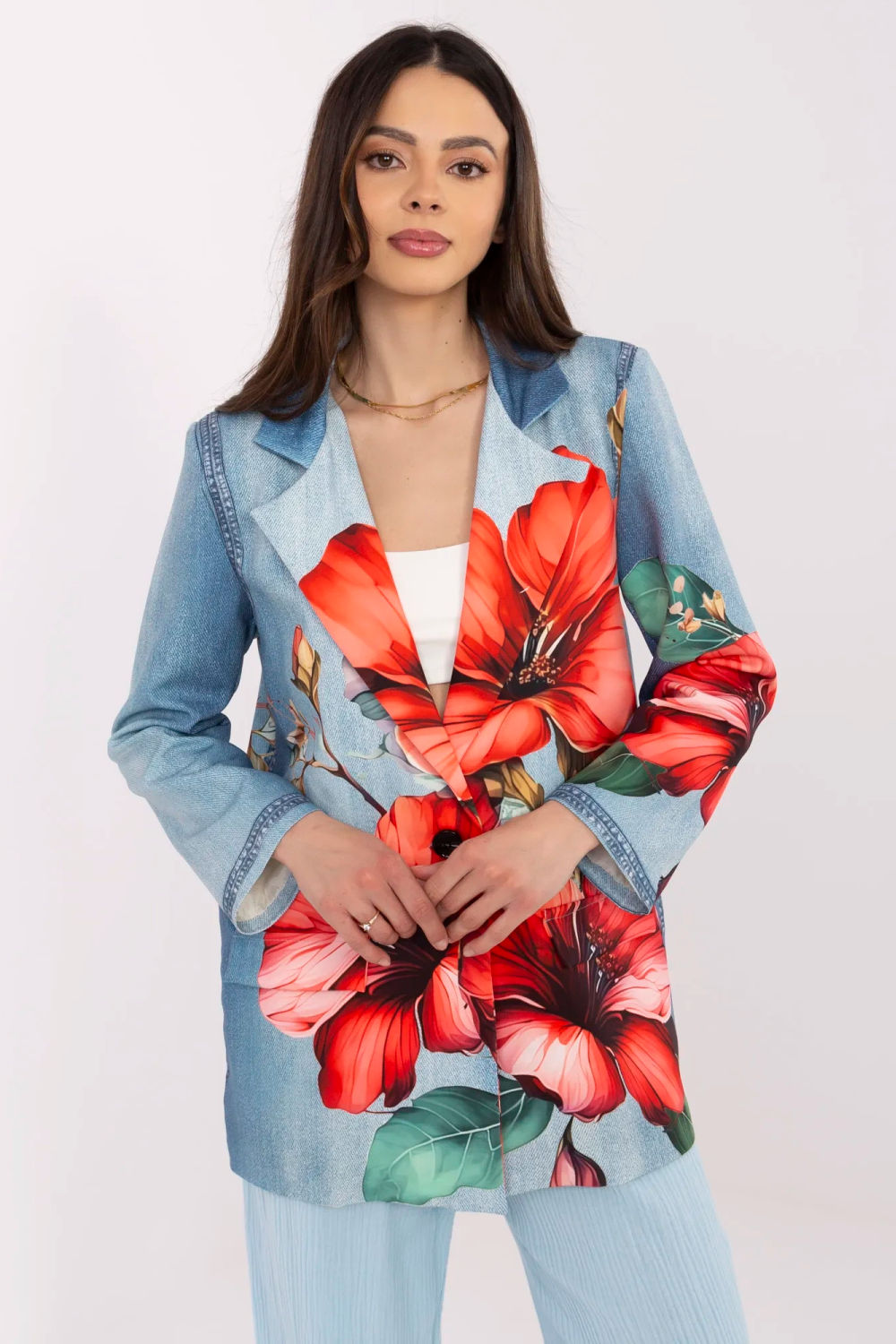 Italy Moda Blue Denim Floral Long Sleeve Jacket