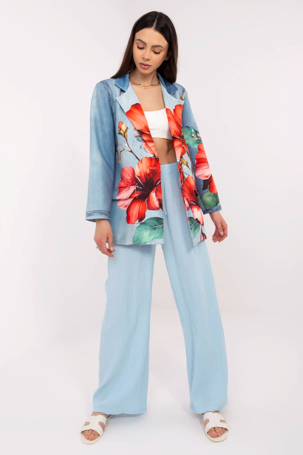 Italy Moda Blue Denim Floral Long Sleeve Jacket - view 2