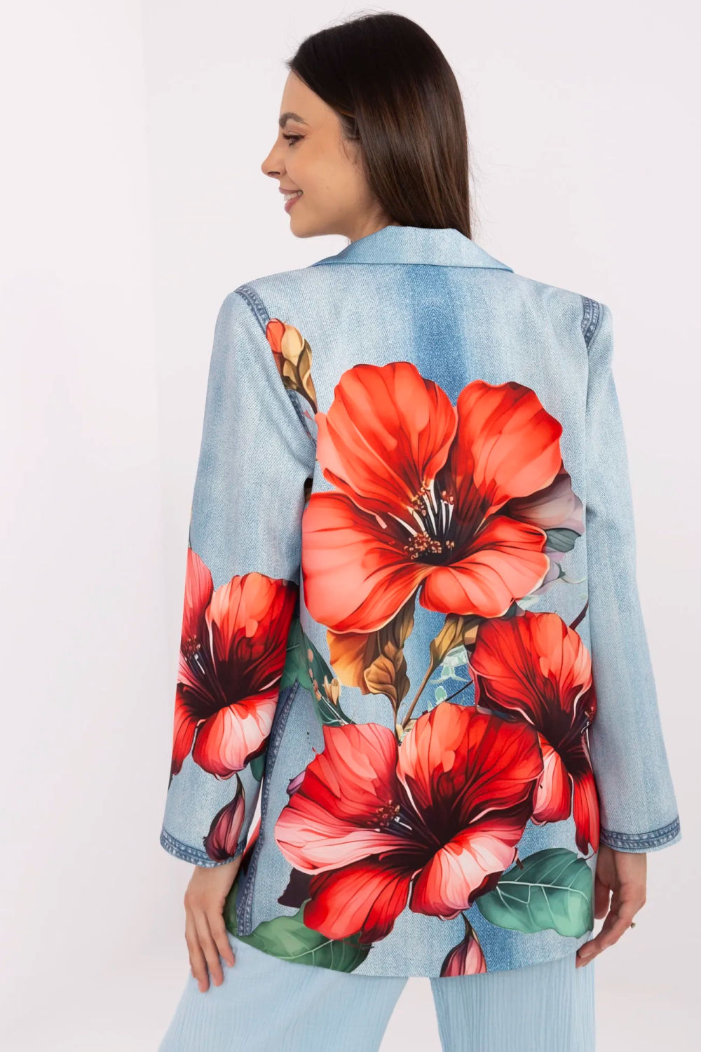 Italy Moda Blue Denim Floral Long Sleeve Jacket - view 3
