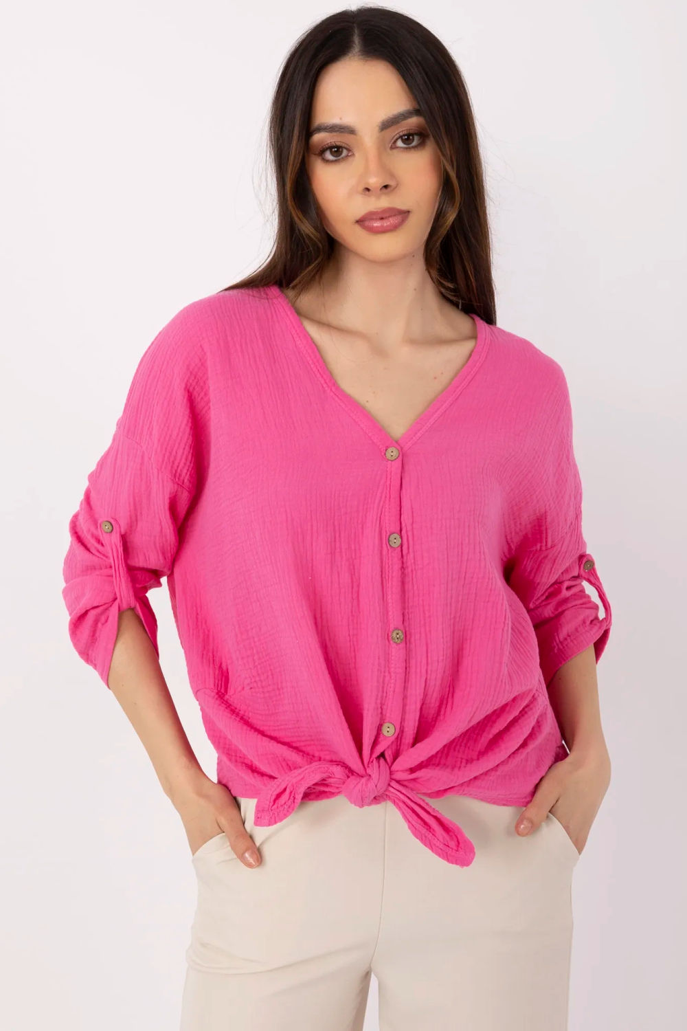 Italy Moda Neon Pink V-Neck Cotton Shirt