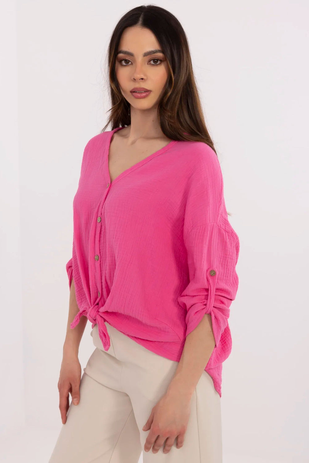 Italy Moda Neon Pink V-Neck Cotton Shirt - view 2
