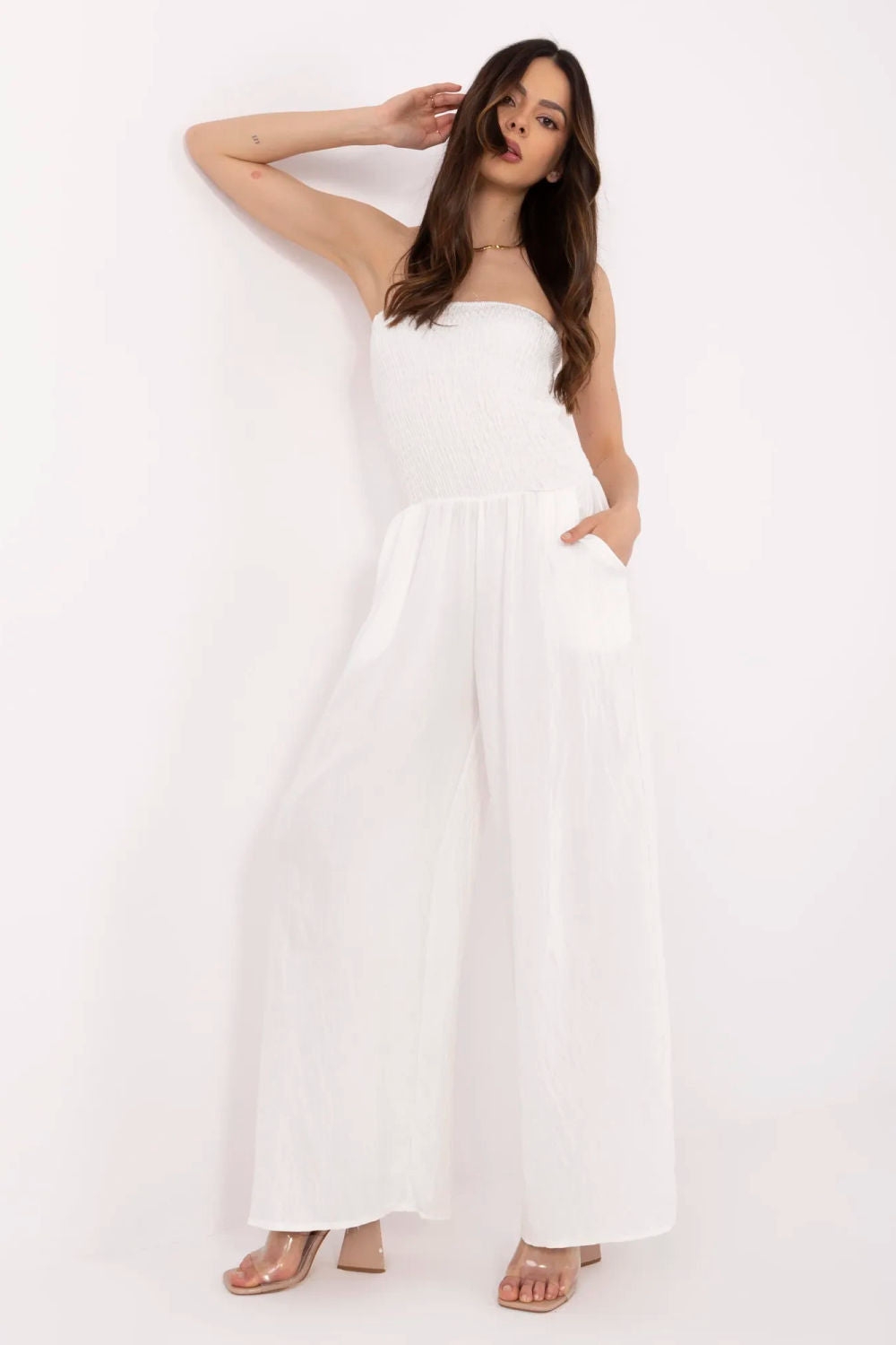 Italy Moda Ecru Wide Leg Off Shoulder Jumpsuit