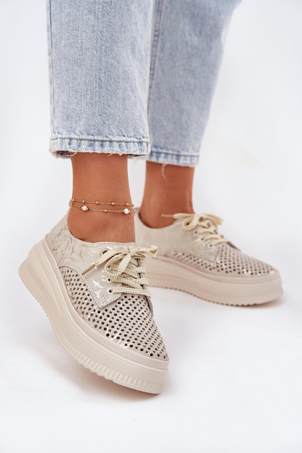 Step In Style Artiker Gold Lace Platform Shoes