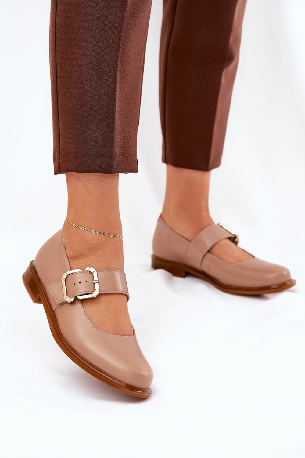 Step In Style Laura Messi Dark Beige Leather Flat Shoes