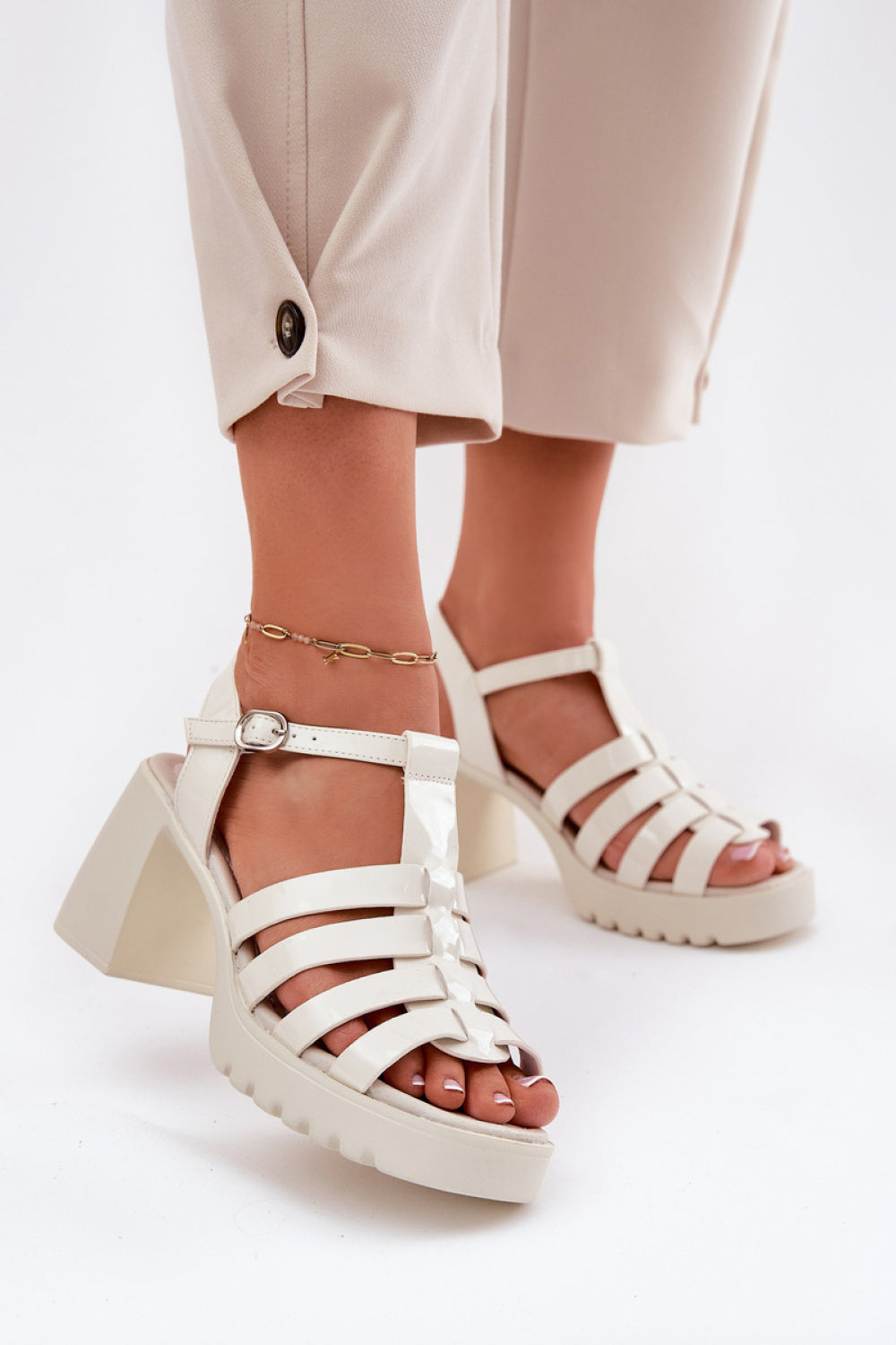 Step In Style Vinceza Light Beige Leather Look Platform Heeled Sandals