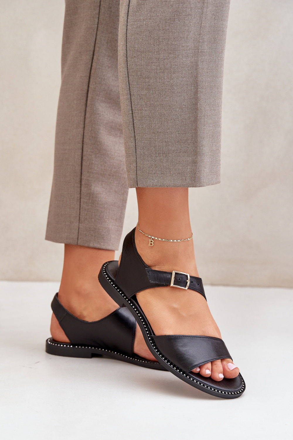 Step In Style Zazoo Black Leather Flat Sandals